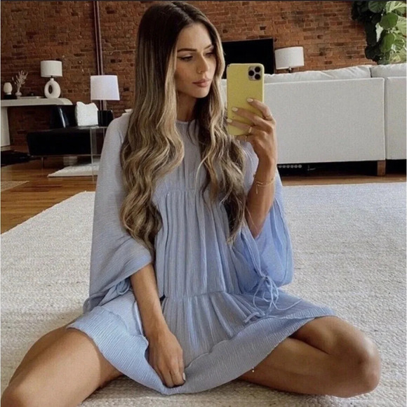 Zara Blue Pleated Long Sleeve Mini Dress - Picture 4 of 8
